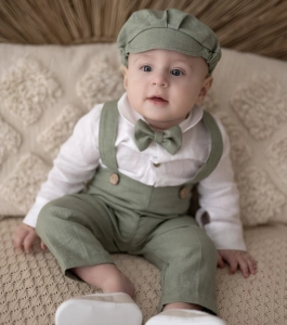 Baby Boy Linen Baptism Green Outfit 5 p