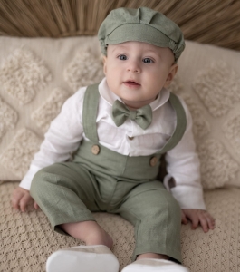 5 cześciowy Zielony lniany komplet do chrztu na roczek dla chłopca 