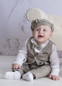 Baby Boy Linen Baptism Outfit herringbone pattern 5 pieces