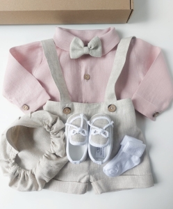 Baby Boy Baptism Linen Outfit pink linen bodysuit beige shorts 5 pieces