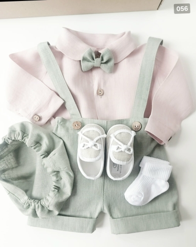 christening outfit for a one-year-old boy: pink linen shirt and green shorts (6).jpg
