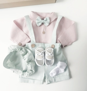 Baby Boy Linen Baptism Outfit pink linen bodysuit mint shorts 5 pieces