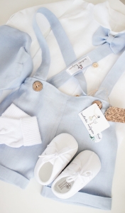 Blue linen baptism set for a first birthday boy, 5 pieces.