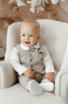 Merino Wool Baby Christening Suit: NATURAL Herringbone Pants, Linen Bodysuit