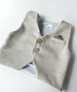 Merino Wool Baby Vest: Beige NATURAL herringbone, Elegant Christening Outfit