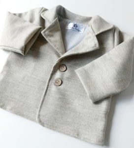 Warm Merino Wool Christening Jacket for Baby Boy Beige NATURAL Herringbone  0-12 months