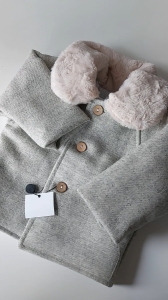 Wełniany płaszczyk dla chłopca  do chrztu SZARY kołnierzyk MIŚ 