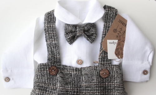 Komplet dla chłopca wełniane spodnie krata typu Glen check spodnie na szelkach lniana koszula.JPG