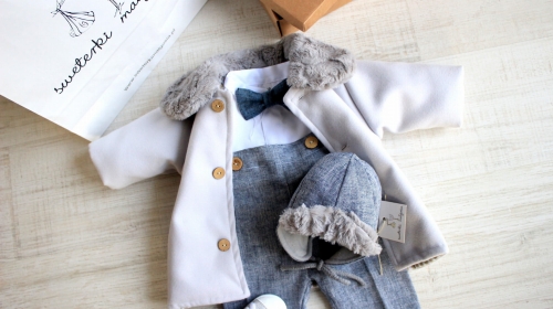 komplet dla chłopca ubranko do chrztu granatowa jodełka ocieplane buciki do chrztu ocieplana czapka.JPG